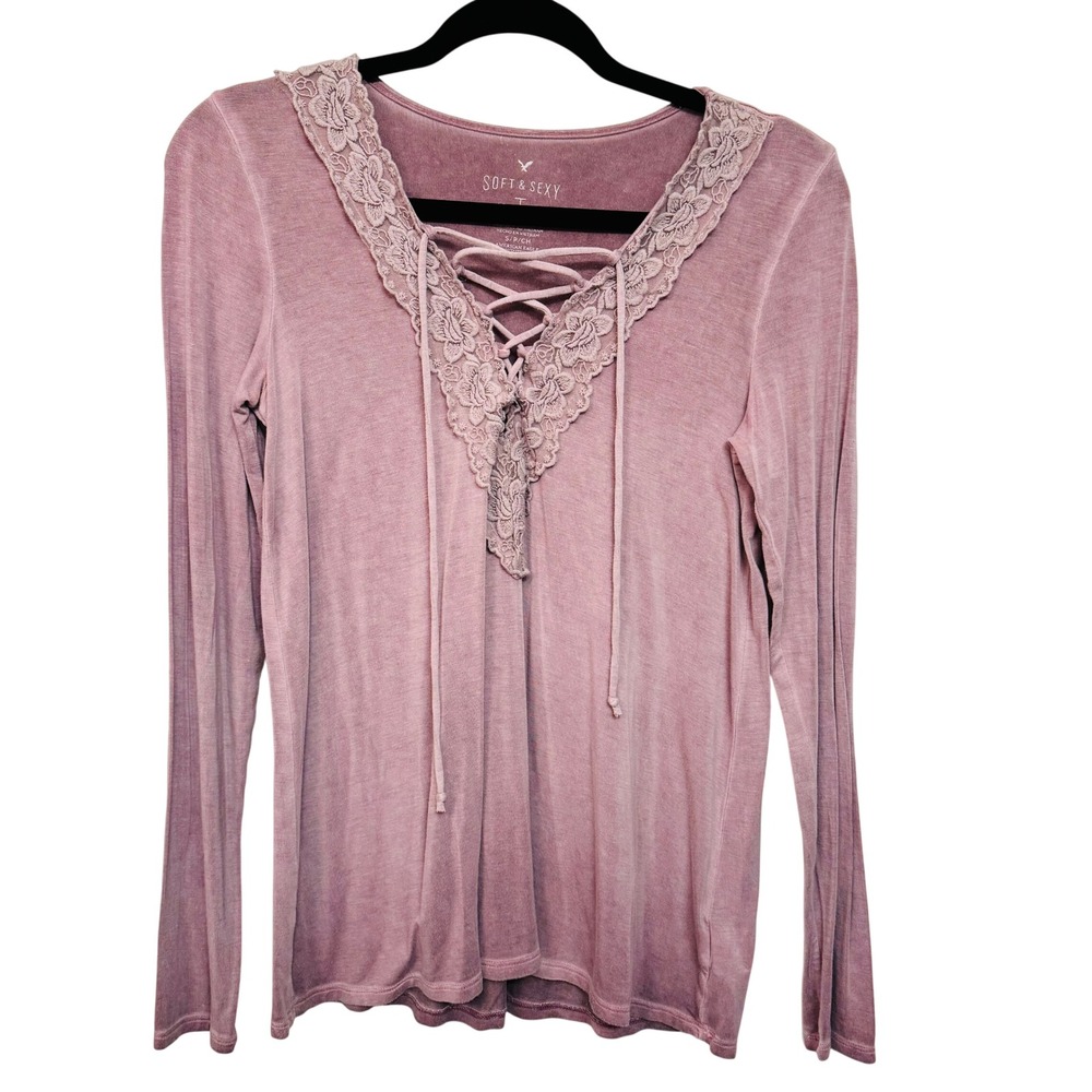 American Eagle Soft & Sexy Womens Small Lace Up V-Neck Top Mauve